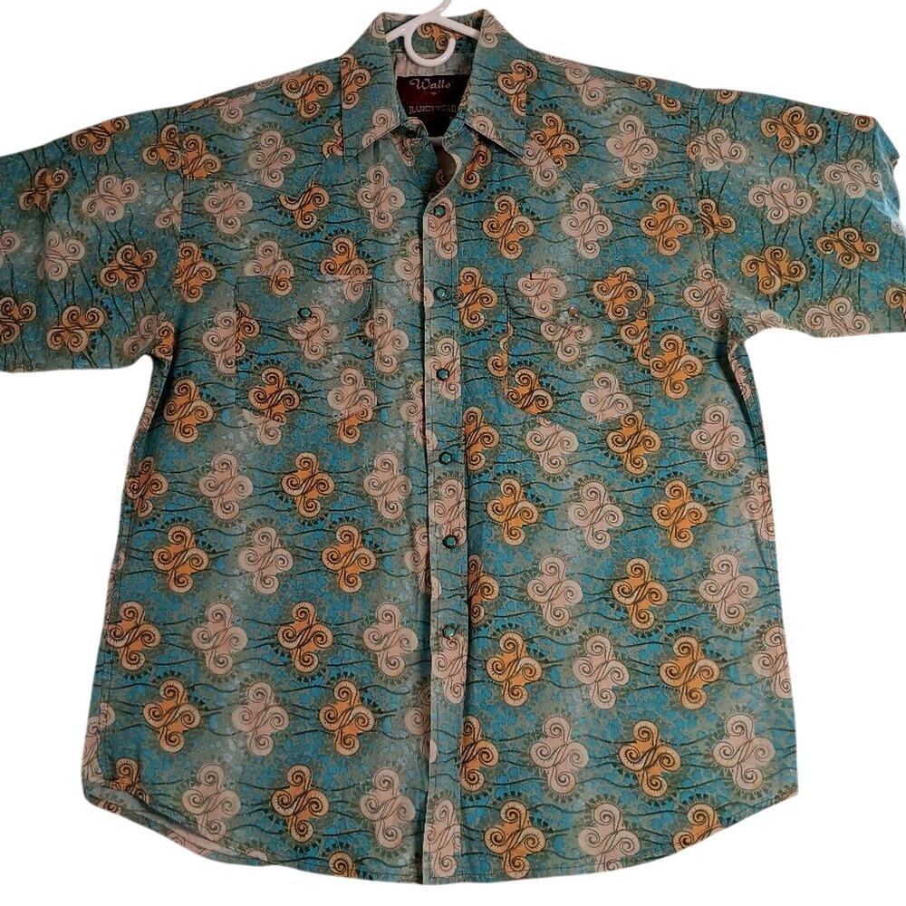 Vtg‎ Walls Ranch Western Shirt L Blue/Orange Paisley Faded Short Sleeve Pressed